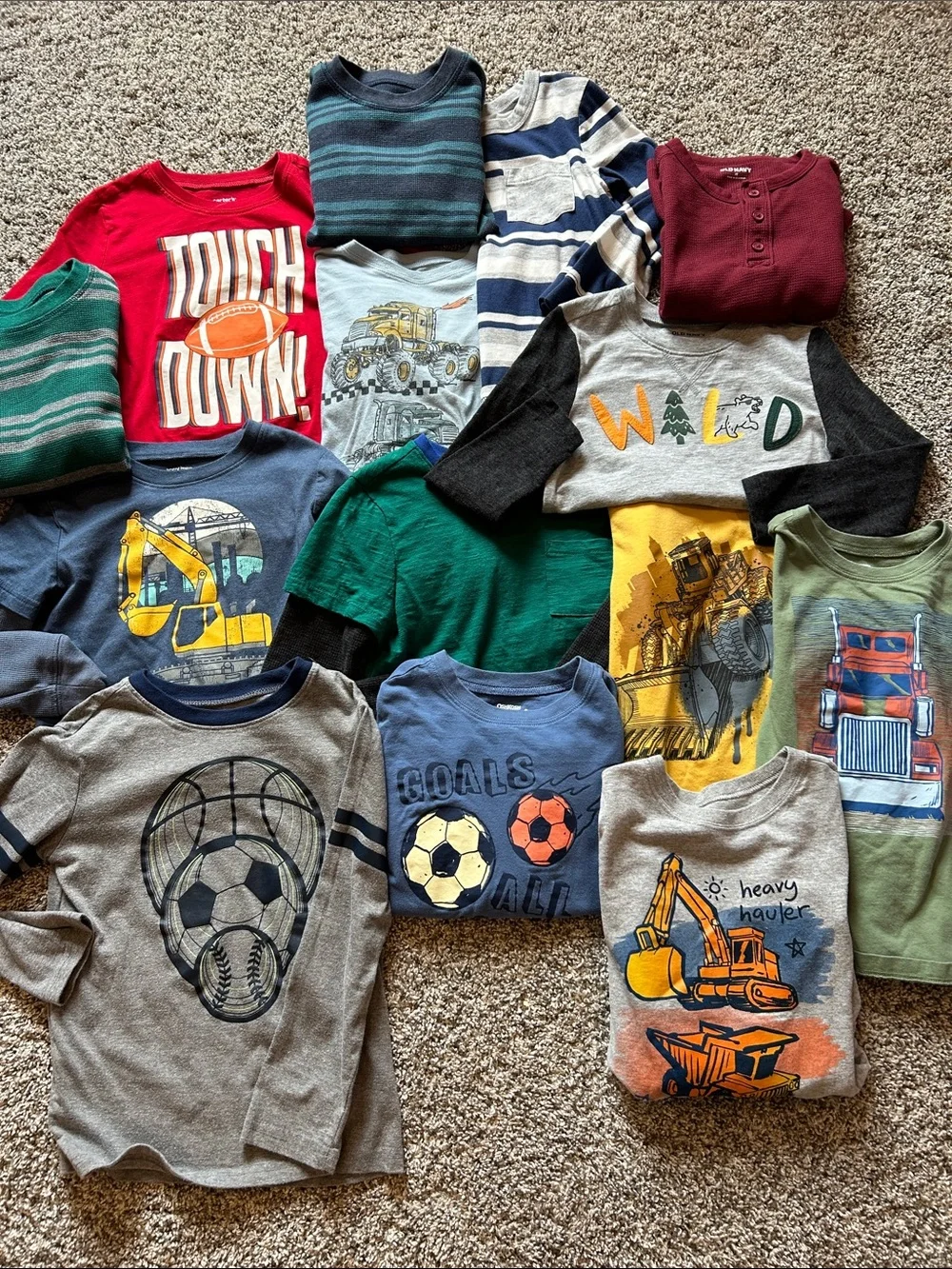 14 Boys Long-Sleeve Tee Lot 5T- Red, Green, Blue, Gray, Yellow, Maroon